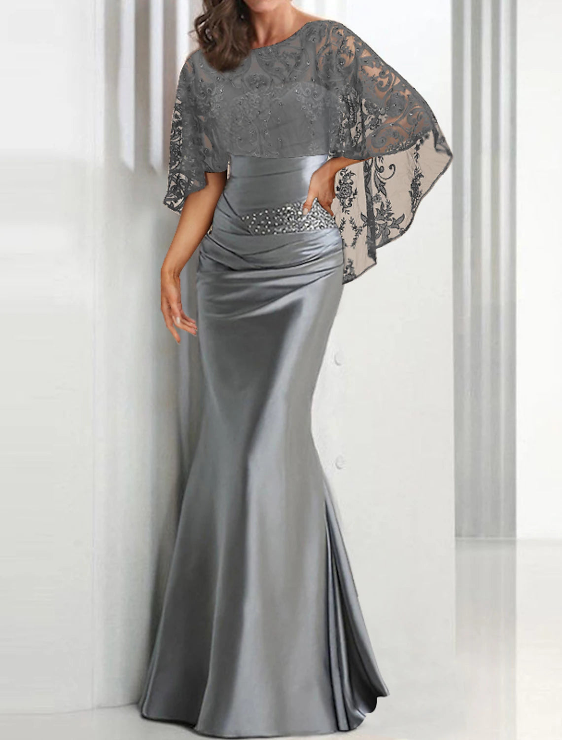 Wholesale Mermaid / Trumpet Evening Gown Sparkle & Shine Dress Formal Wedding Guest Floor Length Sleeveless Jewel Neck Charmeuse with Ruched Sequin